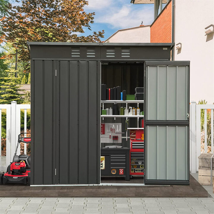 Backyard Storage Shed with Sloping Roof Galvanized Steel Frame Outdoor Garden Shed Metal Utility Tool Storage Room with Latches and Lockable Door (6.27x4.51 ft, Black)
