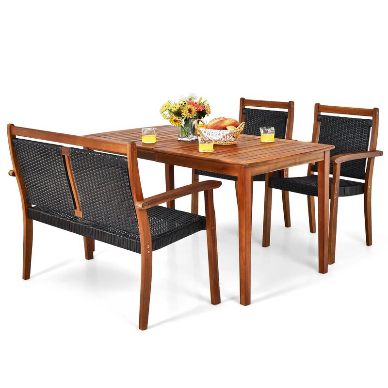 Mondawe 4-Piece Outdoor Acacia Wood Patio Set,Loveseat & Rectangular Table With Umbrella Hole