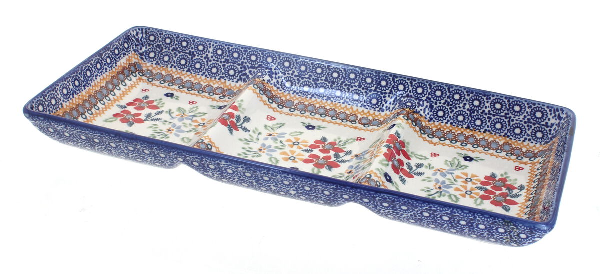 Blue Rose Polish Pottery Red Daisy 3 Section Server