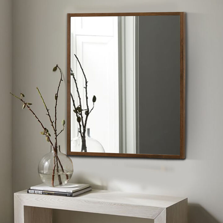 Noe 40 Inch Modern Wall Mirror, Sleek Wood Frame, Walnut Veneer - Benzara