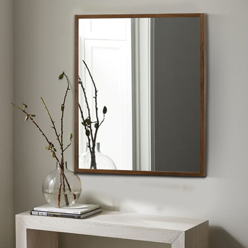 Noe 40 Inch Modern Wall Mirror, Sleek Wood Frame, Walnut Veneer - Benzara