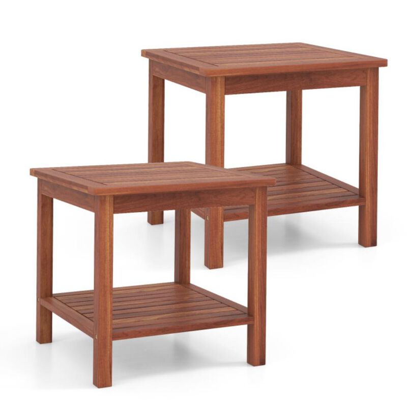 Set of 2 Double-Tier Patio Side Tables with Slatted Top and Lower Shelf for Outdoor Use