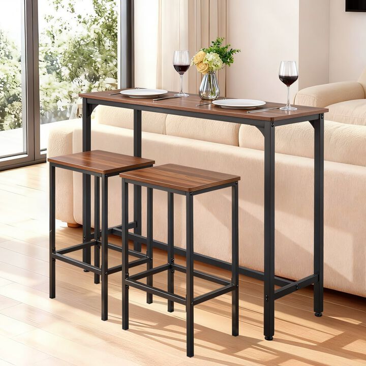 3PC 47" Bar Table Set with 2 Stools Rustic Brown & Black