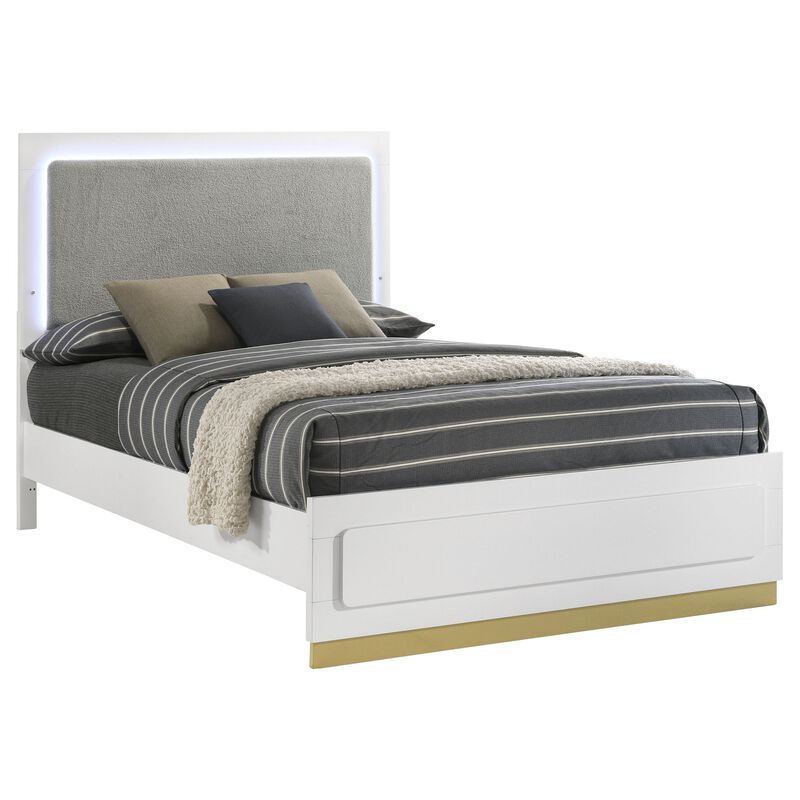 Caer Queen Size Bed, LED Panel Tall Headboard, Gray Upholstery, White Okume - Benzara