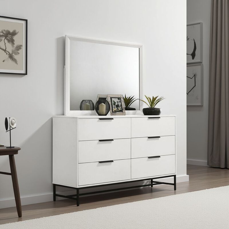 Noro Dresser Mirror with Slim Trim, Open Mitered Corners, White Wood - Benzara