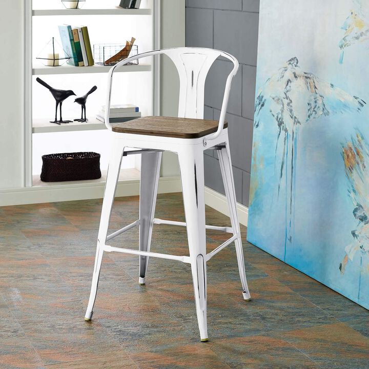 Modway Promenade Industrial Modern Steel Bistro Bar Stool with Arms and Bamboo Seat in White