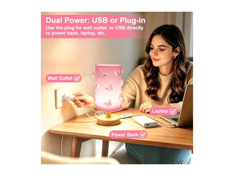 Dimmable 3 Color Princess Wood Butterfly Table Lamp For Living Room Bedroom Pink image number 3