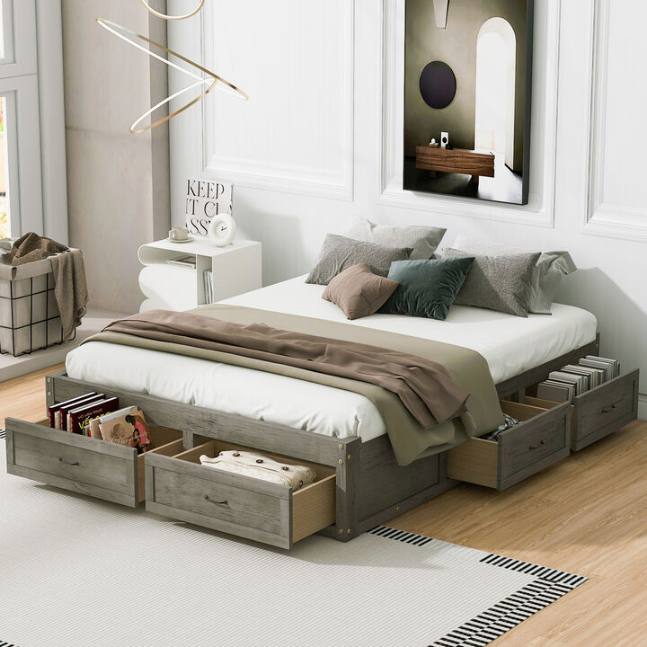 Whisen Queen Size Platform Bed with 6 Storage Drawers, MDF+LVL, for Bedroom