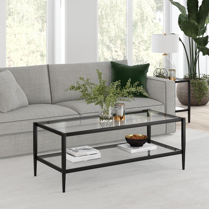 Hudson&Canal Hera 45'' Wide Rectangular Coffee Table with Glass Shelf in Blackened Bronze