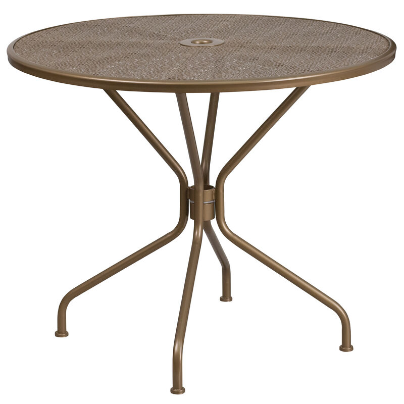 Flash Furniture Commercial Grade 35.25" Round Gold Indoor-Outdoor Steel Patio Table Set with 2 Round Back Chairs