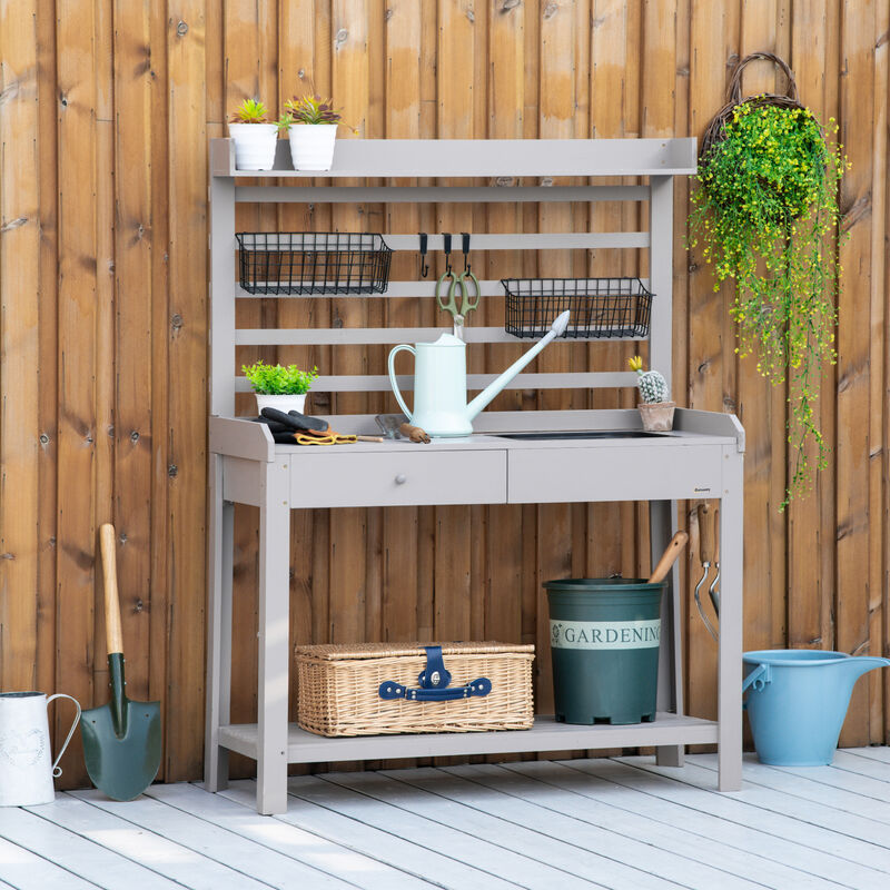 Outsunny Potting Bench Table, Garden Work Bench, Workstation with Metal Sieve Screen, Removable Sink, Additional Hooks and Baskets for Patio, Courtyards