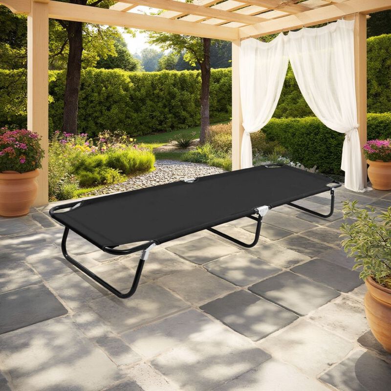 Zena Outdoor Lounger Sunbed, Black Fabric 75 Inch Foldable Steel Frame - Benzara