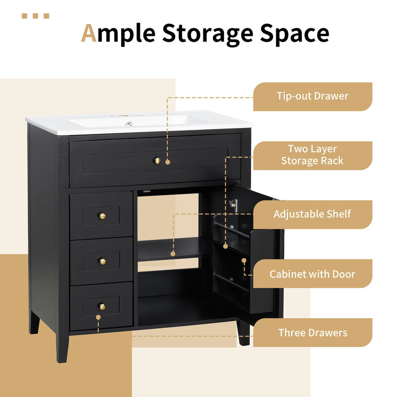 Merax Bathroom Storage Vanity with 3 Left Drawers, Right Cabinet with Adjustable Shelves image number 7