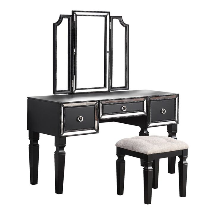 Thuy 60 Inch Vanity Desk Set, Upholstered Stool, Trifold Mirror, Black-Benzara