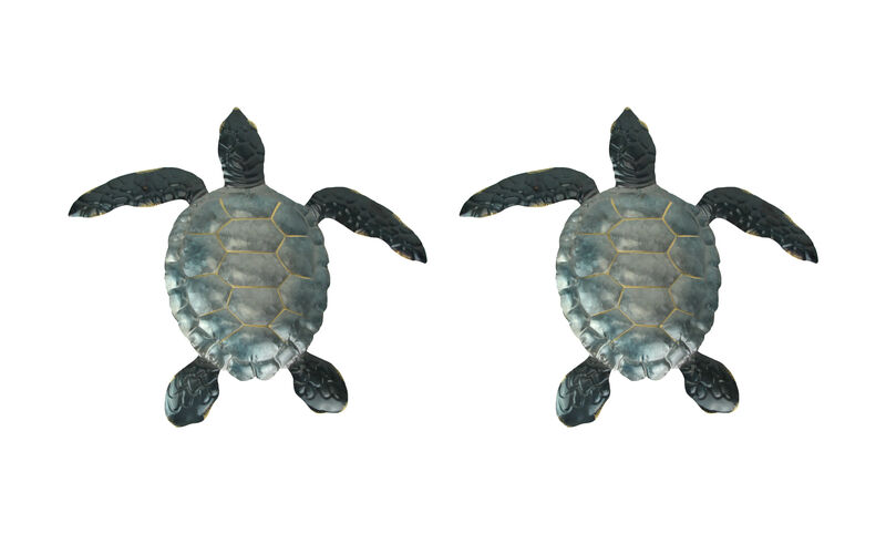 Set of 2 Blue Galvanized Metal Sea Turtle Wall Art Hanging Sculpture Home Decor image number 0