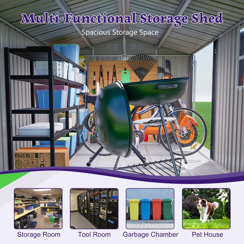 10X8FT Outdoor Steel Storage Shed with Clear Window,Lockable Doors,Weather-Resistant Metal Tool Shed image number 7