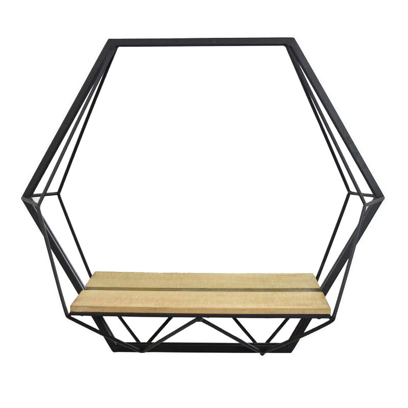 24 Inch Wall Mirror with Shelf, Hexagon Shaped, Metal, Black Finish - Benzara