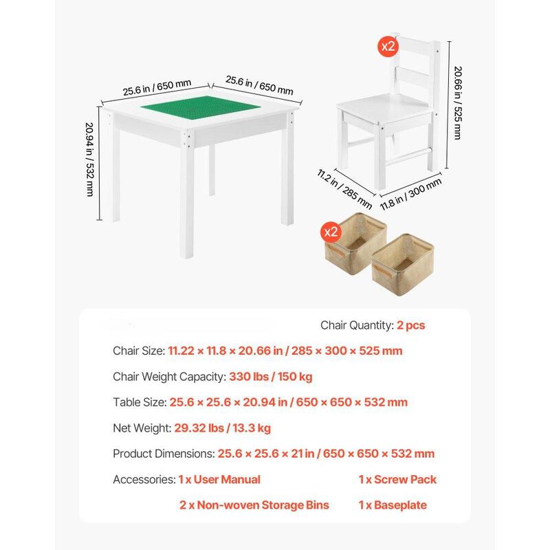 Kids Activity Table and 2 Chairs Set with Building Block Top and Storage image number 2