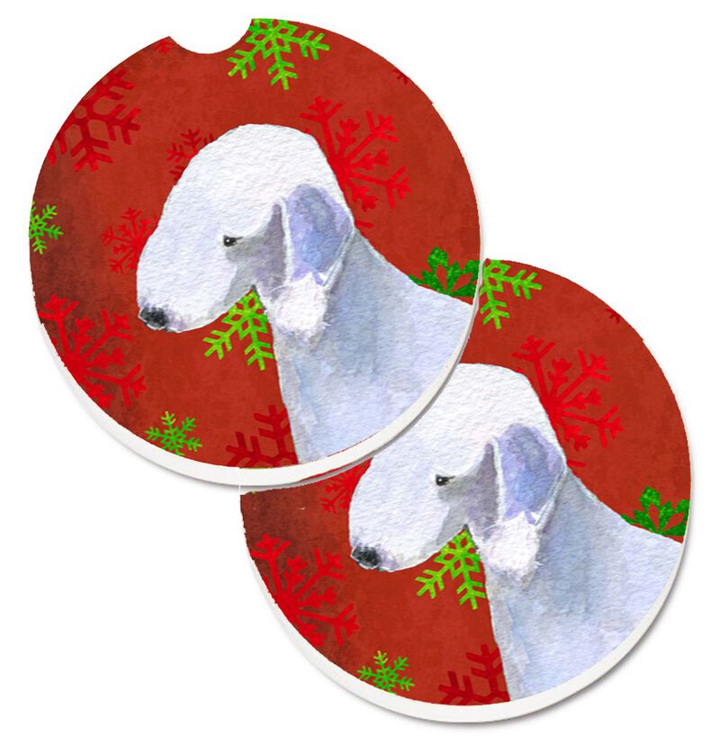 Caroline's Treasures Bedlington Terrier Red & green Snowflakes Holiday Christmas Set of 2 Cup Holder Car Coasters SS4690CARC, 2.56, Multicolor image number 0