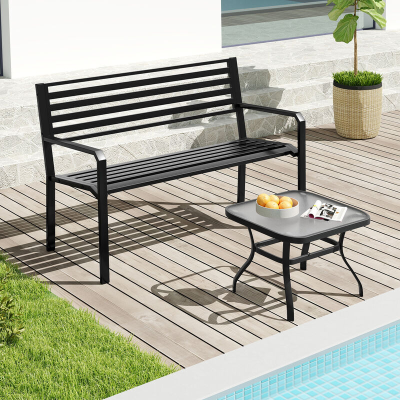 Outdoor Metal Garden Bench with Slatted Seat for 2-3 People-Black image number 4