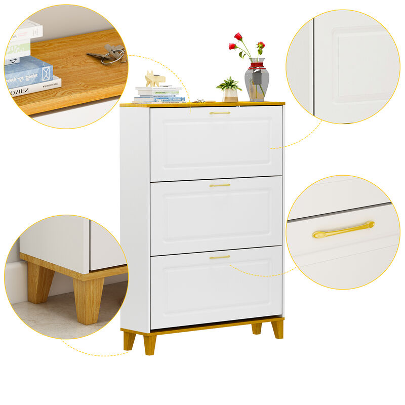 FUFU&GAGA Modern White & Wood 3-Tier Shoe Cabinet (35.4" W x 9.4" D x 47.2" H), White