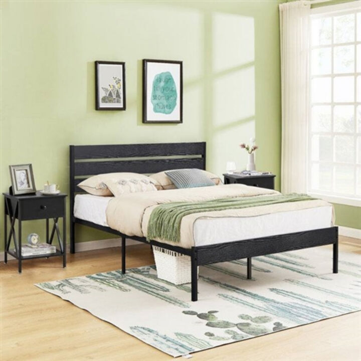 Industrial Platform Bed Frame with Slatted Wood Headboard