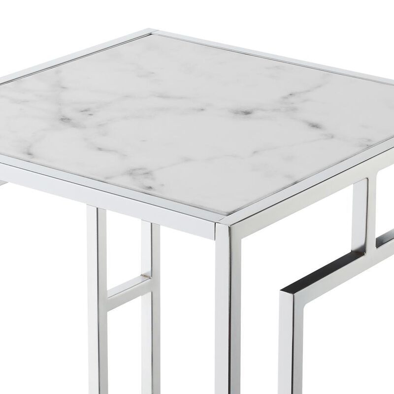 Convenience Concepts Town Square Chrome End Table with Shelf White Faux Marble/Chrome