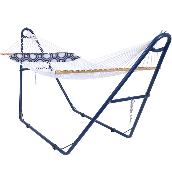 Sunnydaze 2-Person Rope Hammock with Blue Steel Stand and Pillow - Natural