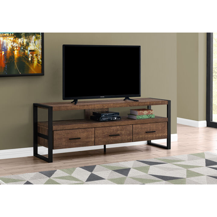 Monarch Specialties I 2820 Tv Stand, 60 Inch, Console, Media Entertainment Center, Storage Drawers, Living Room, Bedroom, Metal, Laminate, Brown, Black, Contemporary, Modern
