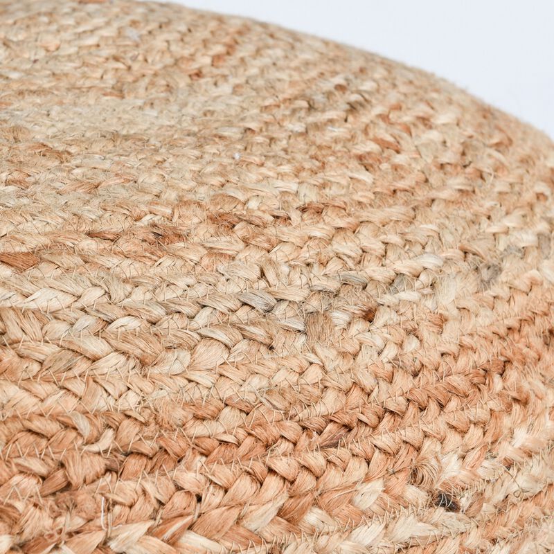 18 Inch Round Accent Pouf, Soft Braided Jute Design, Natural Cream Orange - Benzara