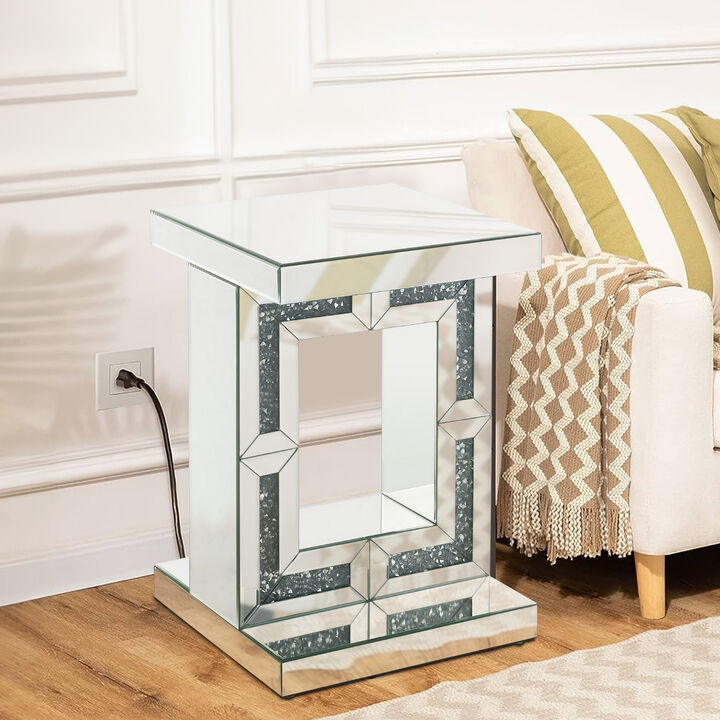 Accent Table with Open Geometric Base and Acrylic Diamond Inlay, Silver-Benzara