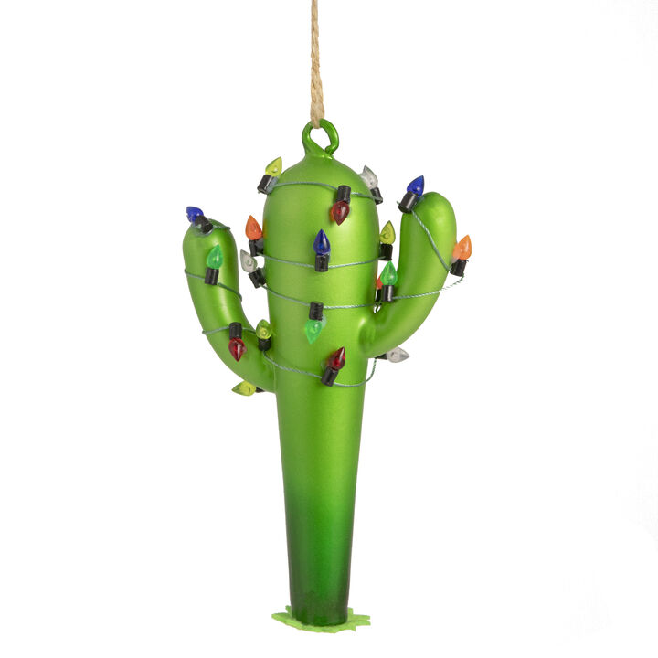 5.5" Green Cactus with Retro Light String Glass Christmas Ornament