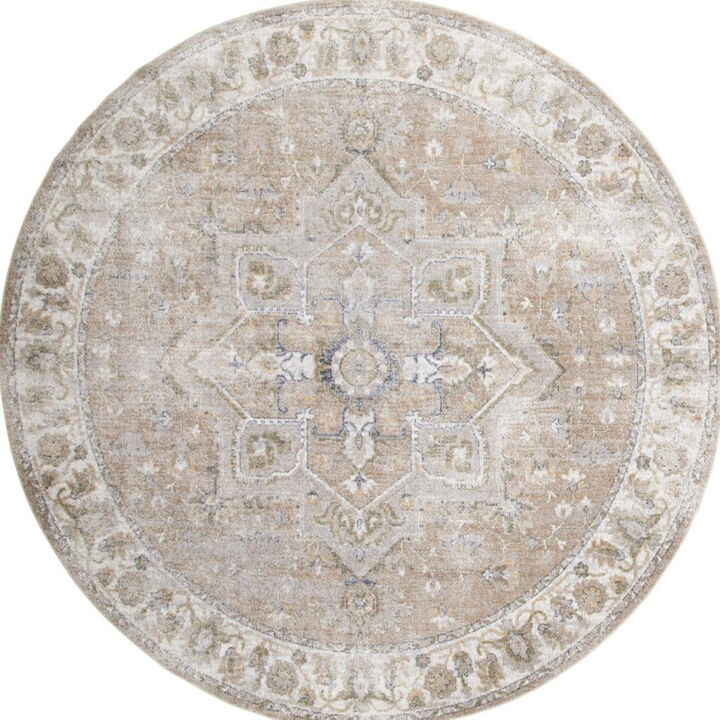 HomeRoots Round Floral Medallion Power Loom Washable Area Rug