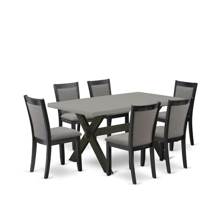 East West Furniture 7 Piece Dining Room Table Set - A Cement Top Mid Century Dining Table with Trestle Base and 6 Dark Gotham Grey Linen Fabric Parson Chairs - Wire Brushed Black Finish