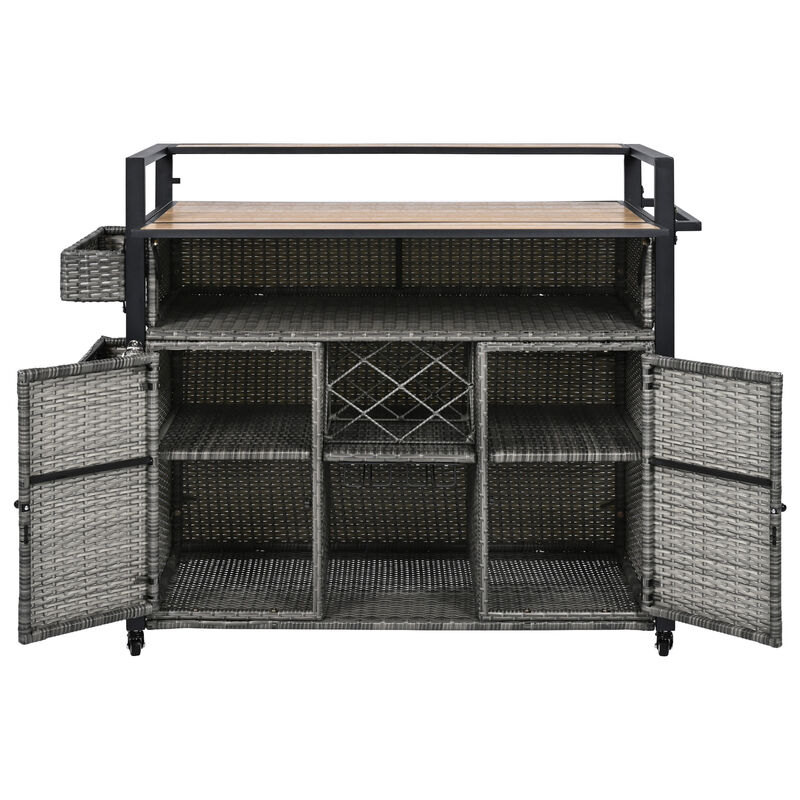 Rolling Wicker Grill Cart for Patio &ndash; Outdoor Kitchen Island with Storage and Extended Table image number 0