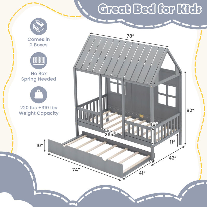 Twin Size Bed Frame House Bed with Trundle and 82 Inch Tall Roof