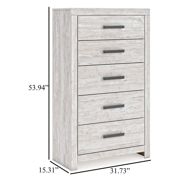 Cany Tall Dresser Chest, 5 Drawers w Black Handles, Vintage Whitewash - Benzara