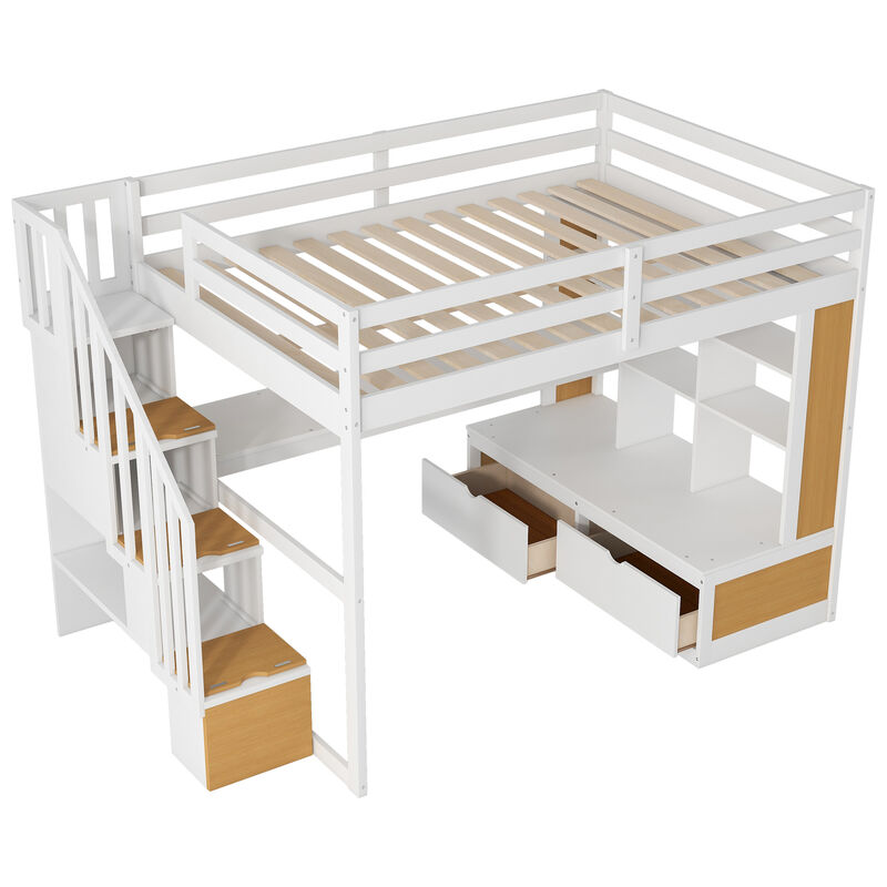 Whisen Full Size Loft Bed with Desk and Shelves, Two Built-in Drawers, Storage Staircase-Natural and White