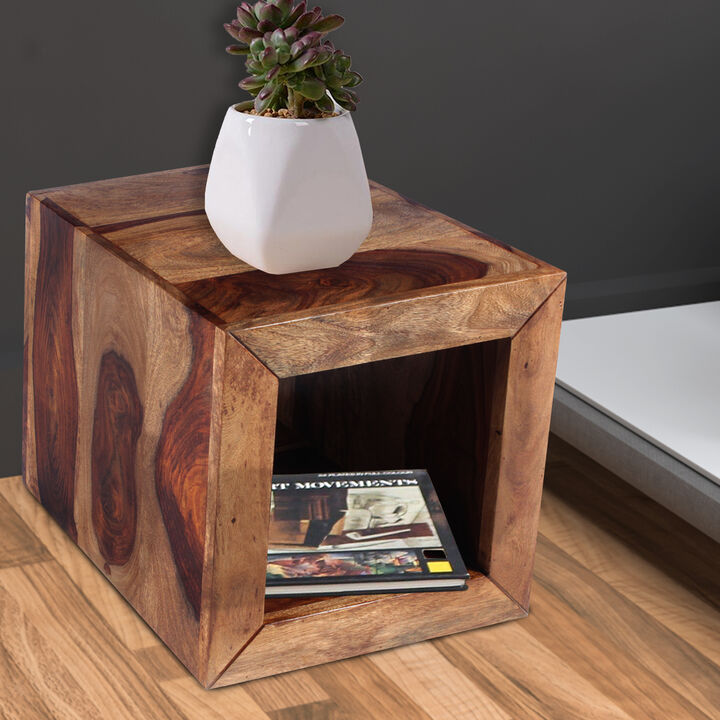 Cube Shape Rosewood Side Table With Cutout Bottom, Brown-Benzara