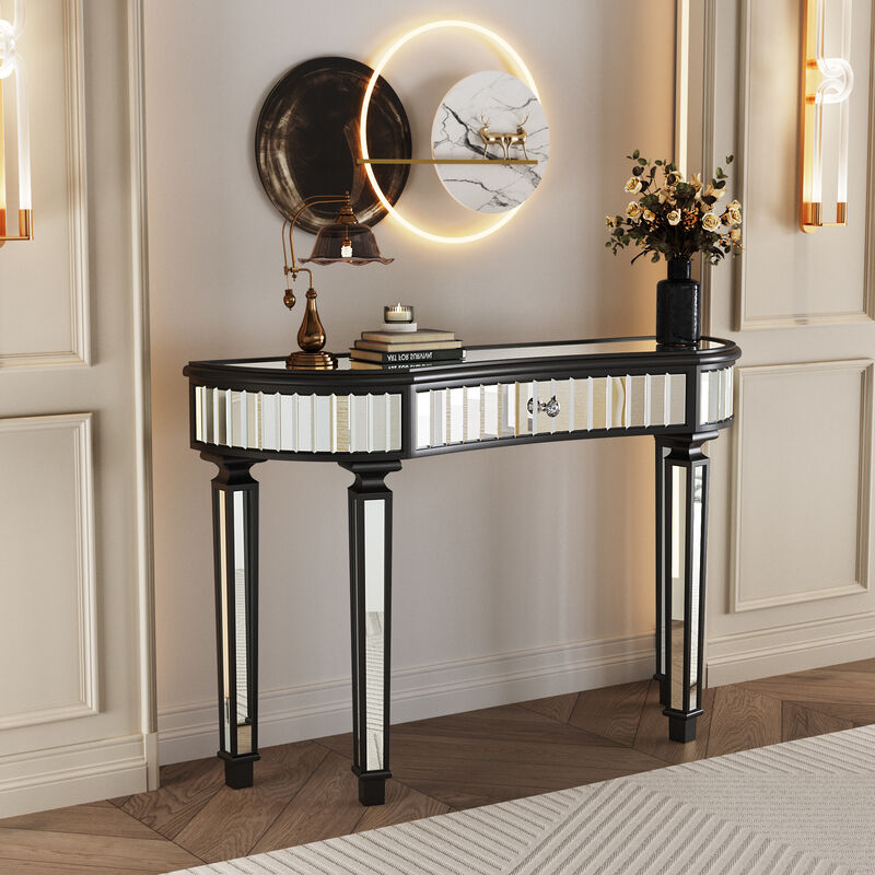 Merax Half-Moon Mirrored Console Table - Fluted Glass & Crystal Knob Drawer