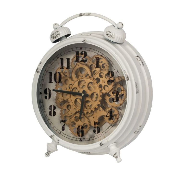 Classic Metal Table Clock with Gears Front and Distressed Details, White and Gold - Benzara
