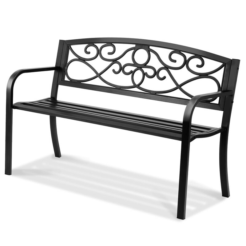 Patio Garden Bench, Metal Outdoor Bench with Backrest & Armrests for Porch Yard image number 8