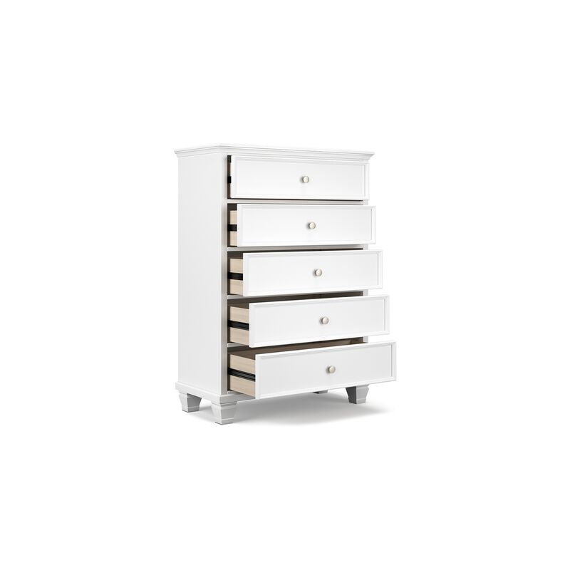 Heno Tall Dresser Chest, 5 Storage Drawers w Nickel Round Knobs, White - Benzara