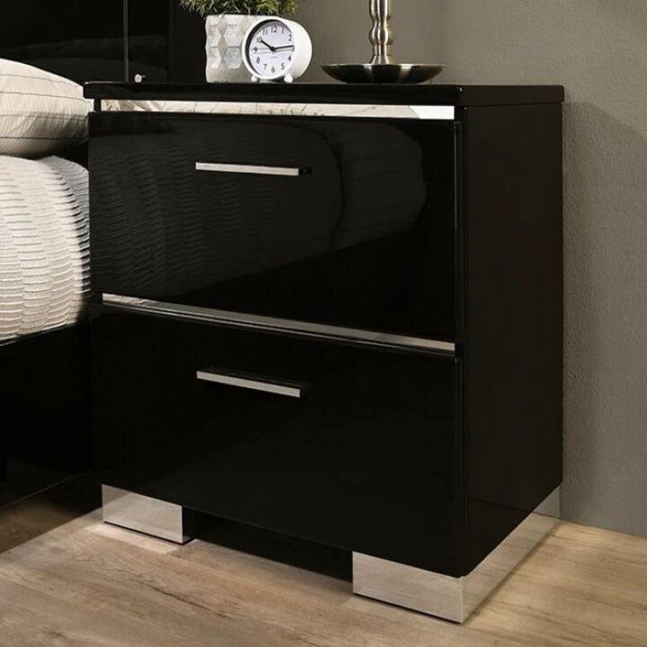 Streamdale Black Nightstand with USB Charger & Chrome Accents