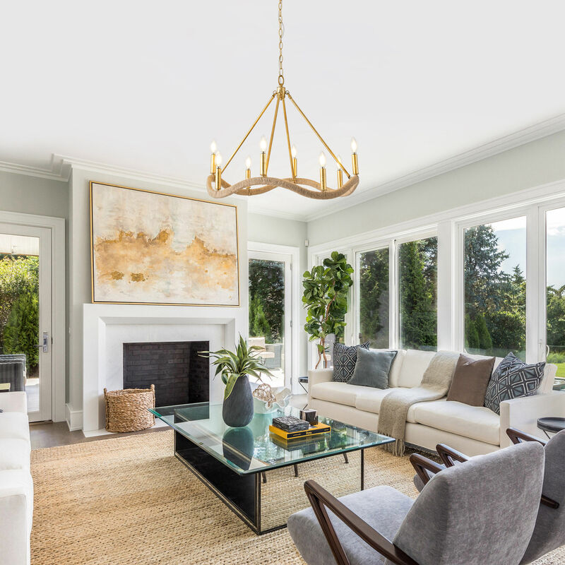 8-Light Bohemian Gold Natural Jute Large Candle Chandelier