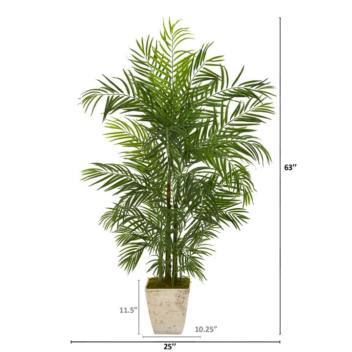 HomPlanti 63 Inches Areca Artificial Palm Tree in Country White Planter UV Resistant (Indoor/Outdoor)