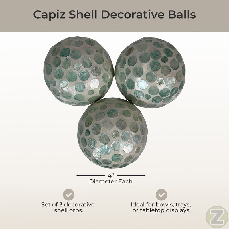 Decorative Balls Set Of 3 Aqua Capiz Shell 4 Inch Coastal Orbs Bowl Fillers image number 4