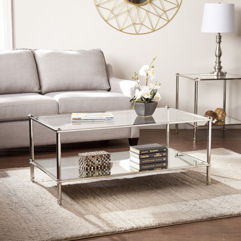 Hivvago 43 Inch  Silver Mirrored And Metal Rectangular Mirrored Coffee Table