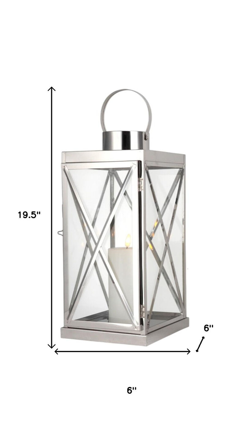 HomeRoots Set of Three Clear And Silver Glass And Stainless Steel Tabletop Lantern Candle Holders