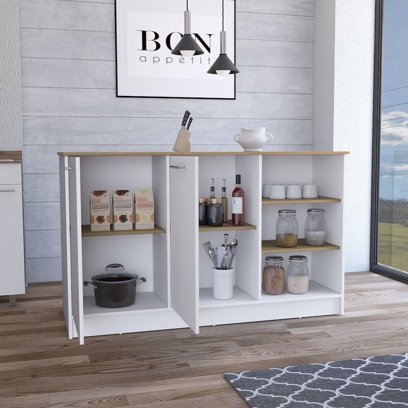 Kitchen Island Two Cabinets, Three Open Shelves, White / Natural Oak